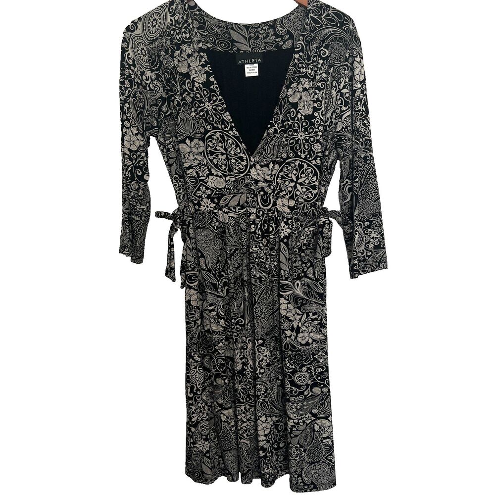Athleta Dress M V-Neck Wrap Floral Black Tan Stretch